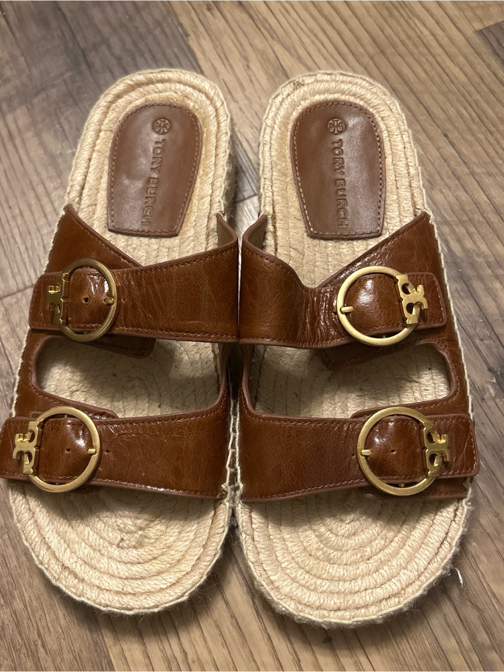 Tory Burch Two Band Espadrille Slide Selby Ambra Brown Gold Buckles Size6.5